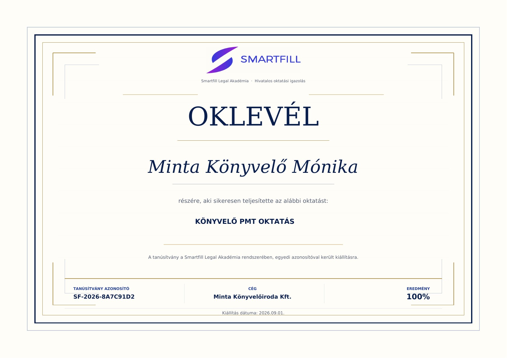 A Smartfill Legal Akadémia valódi, névre szóló oklevelének előnézete
